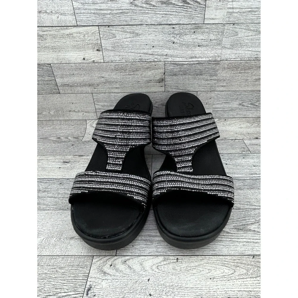Skechers Luxe Foam Black Silver Rhinestone Wedge Sandals 119001 BKSL Women Sz 10